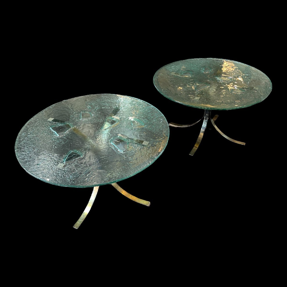 Pair Of Round Coffee / Sofa Tables, Brutalist Artistic Glass, Hollywood Regency Style, Ca 1970